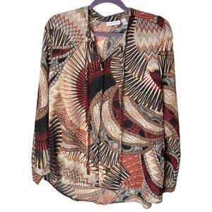 Susan Graver Printed Chiffon Top Sz 16 Bead Tie Boho Aztec Art Wear Career Large